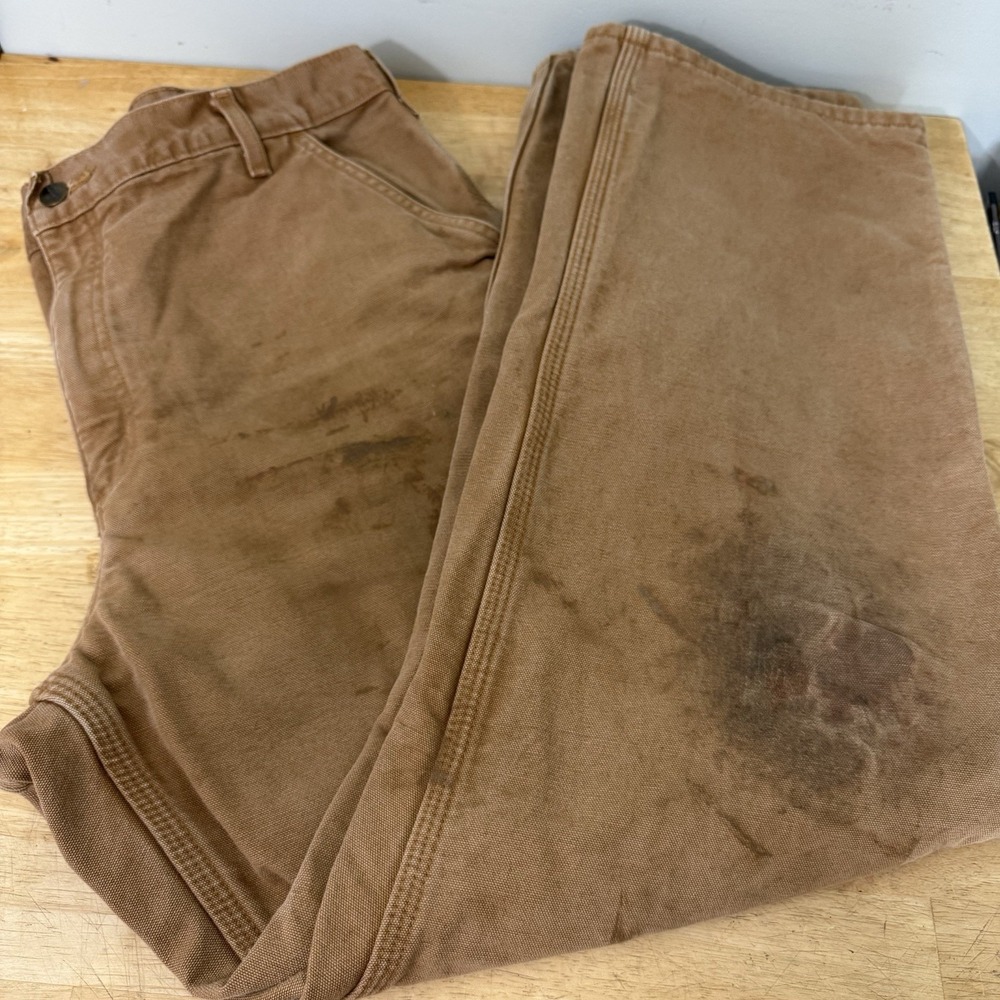 Carhartt Pants Mens 38x30 Tan Canvas Flannel Lined Carpenter B111 BRN Stained